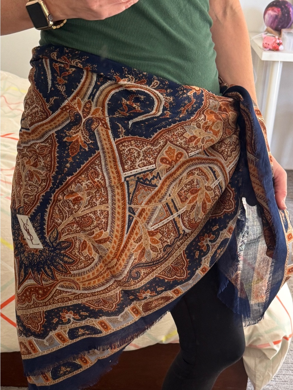 Yves Saint Laurent Navy & Brown Ornate Paisley Silk-Blend Square Scarf 53” - Picture 5 of 7